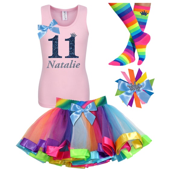 Birthday Girl Outfit 11 Tween Girls Double Digits Pink Rainbow 11th Birthday Dress Personalized Name | Bubblegum Divas Il_570xn
