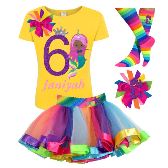 Black Mermaid Shirt 6th Birthday Outfit Mermaids Tail Starfish Rainbow Tutu African American Mermaid Princess Personalized Custom T-Shirt 6 Il_570xn