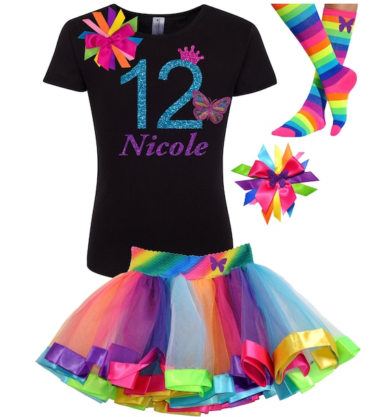 12th Birthday Girl Shirt Rainbow Tutu Outfit Pink Monarch Butterfly Hair Bow Butterfly Socks Black Shirt 12 Personalized Name Tween Party 12 Il_570xn