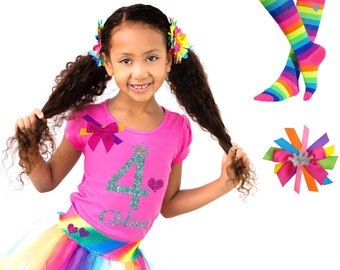 Girls 4th Birthday Shirt 4 Rainbow Tutu Knee High Stripe Rainbow Socks Princess Hair Bow Birthday Tutu Set Personalized Shirt 4