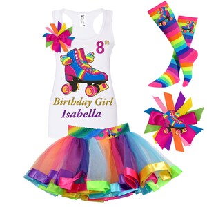 Roller Skate Happy Birthday Shirt 8th Birthday Girl Tank Top Shirt Rainbow Tutu Skirt Roller Derby Skating Rink Personalized Gift | HWings