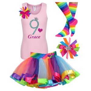 Rainbow Birthday Outfit 9th Birthday Shirt Girls Party Hair Bow Rainbow Tutu Neon Knee High Socks Personalized Name Age 9 Glitter Glow Party image 4