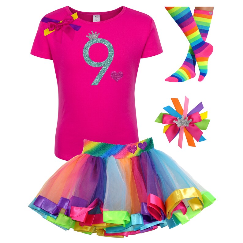 Girls 9th Birthday Shirt Rainbow Tutu Rainbow Hair Bow Rainbow Socks Birthday Girl Shirt 9th Birthday Party Personalized Name Shirt 9 image 2