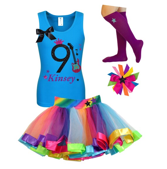 9th Birthday Girls Rock Star Party Glitter Pink Guitar Shirt Rock N Roll Music Theme Party Hair Bow Rainbow Tutu Socks Personalized Age 9 Il_570xn