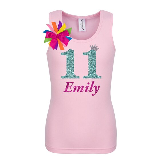 Girls 7th Birthday Shirt Blue Glitter Rainbow T-Shirt Tank Top Custom Name Age 7 Party Gift