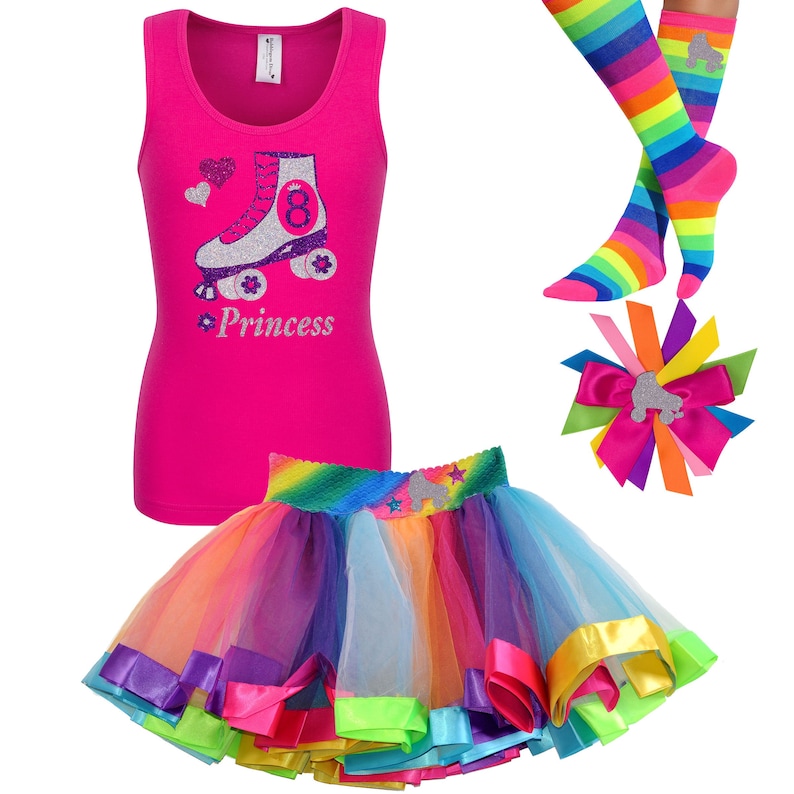 Roller Skate Shirt 8th Birthday Outfit Rainbow Tutu Dress Roller Derby Girls Skating Party 8 Year Old Girls Personalized Gift Silver Crush Everything Included