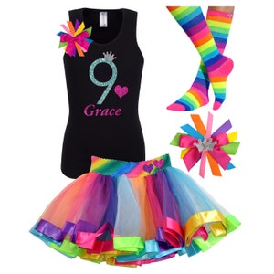 Rainbow Birthday Outfit 9th Birthday Shirt Girls Party Hair Bow Rainbow Tutu Neon Knee High Socks Personalized Name Age 9 Glitter Glow Party image 5
