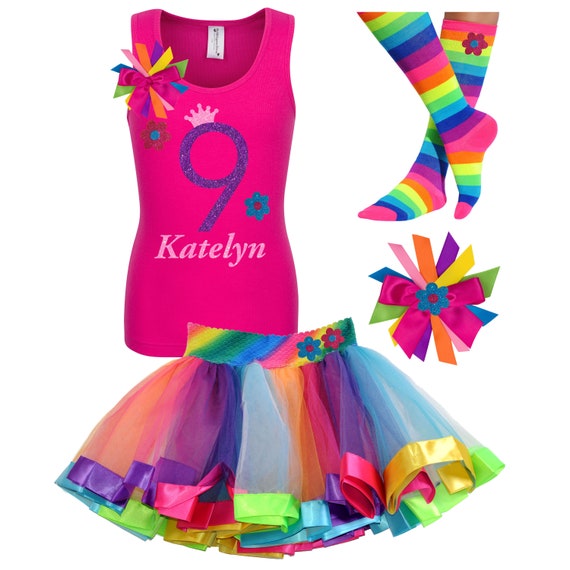 9th Birthday Outfit Daisy Flower Girl Shirt Nine Glitter Flowers Rainbow Party Tutu Dress Hair Bow Knee High Socks Personalized Name AGE 9 Il_570xn