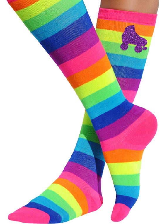 Roller Skate Derby Socks Rainbow High Knee Boot Socks Fun Girls Birthday Gift Socks Neon Glow