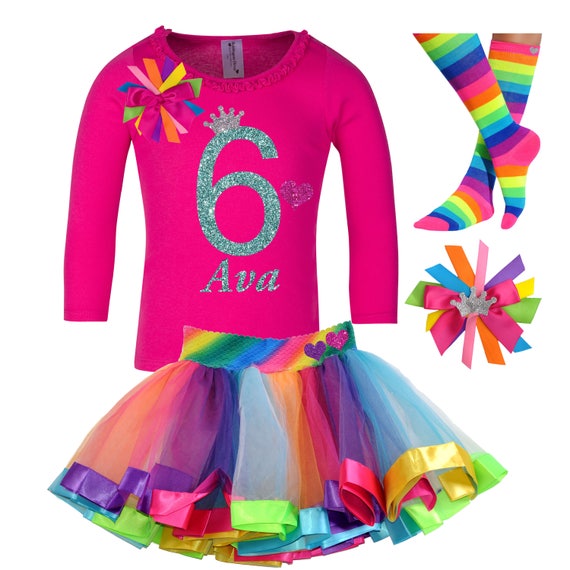 6th Birthday Shirt Rainbow Tutu Skirt Six Rainbow Party Birthday Hair Bow Personalized Name Shirt Rainbow Socks Ruffle Long Sleeve Shirt 6 Il_570xn