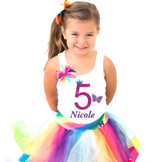 Girls/' 5th Birthday Outfit Butterfly Teal Shirt Rainbow Tutu Add Name 5