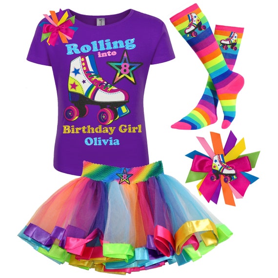 Roller Skate Party 8th Birthday Shirt Girls Rainbow Tutu Roller Derby Outfit Stripe Socks Glow Skating T-Shirt Personalize Gift | Lucky Star Il_570xn