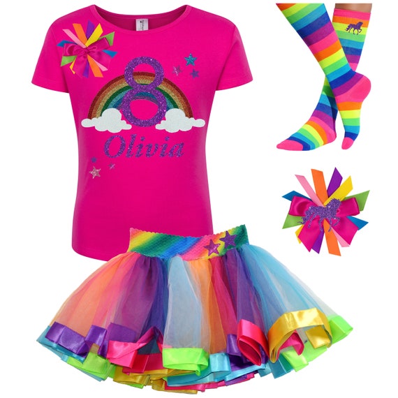 8th Birthday Rainbow Clouds Shirt Unicorn Outfit Girls Glitter Stars Tutu Skirt Unicorn Knee High Socks Unicorn Hair Bow Personalized Name 8 Il_570xn