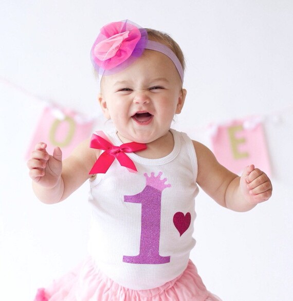 1st Birthday Outfit Personalized Name Shirt Pink Tutu Birthday outfit Princess Party Purple Hair Bow Love Heart Girls First Birthday T-Shirt Il_570xn
