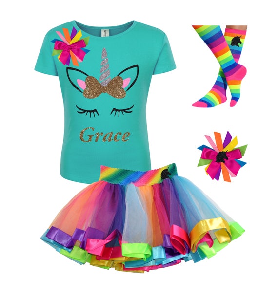 Unicorn Shirt Gold Hair Bow Silver Horn Fairytale Birthday Rainbow Tutu Skirt Unicorn Personalized Gift | Bubblegum Divas Il_570xn