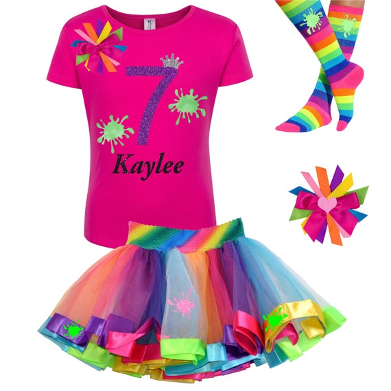 Slime Party 7th Birthday Girl Outfit Glow Party Costume Rainbow Tutu Skirt Socks Personalized Gift | Bubblegum Divas Il_570xn