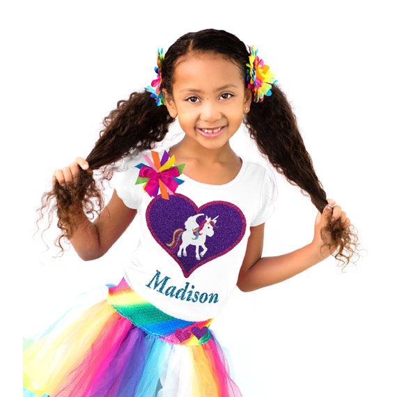 Unicorn Birthday Outfit Rainbow Tutu Dress Unicorn Heart Girls Birthday Shirt Party Gift Personalized Name | Bubblegum Divas Il_570xn