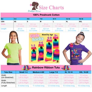 May include: Size chart for girls' clothing and tutus. The chart shows sizes for ages 3-4 to 16-18, with corresponding measurements in inches and centimeters. The chart also includes a section for rainbow ribbon tutus, with measurements for different sizes.