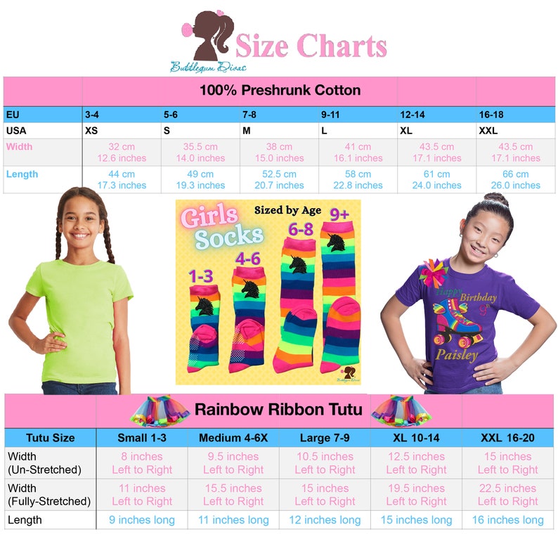 May include: Size chart for girls' clothing and tutus. The chart shows sizes for ages 3-4 to 16-18, with corresponding measurements in inches and centimeters. The chart also includes a section for rainbow ribbon tutus, with measurements for different sizes.