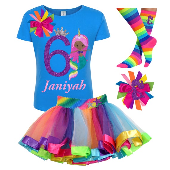 Black Mermaid Shirt 6th Birthday Outfit Mermaids Tail Starfish Rainbow Tutu African American Mermaid Princess Personalized Custom T-Shirt 6 Il_570xn