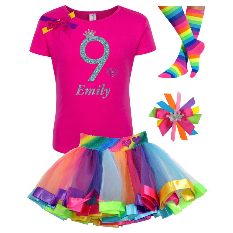 Girls 9th Birthday Shirt Rainbow Tutu Rainbow Hair Bow Rainbow Socks Birthday Girl Shirt 9th Birthday Party Personalized Name Shirt 9 image 1