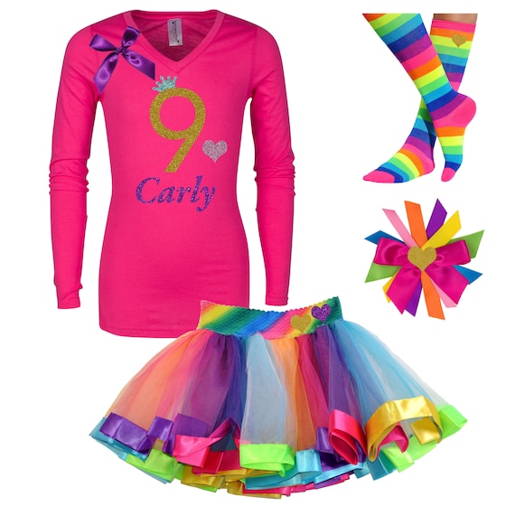 Gold Glitter 9th Birthday Long Sleeve Shirt Gold and Pink Rainbow Tutu Rainbow Party Birthday Hair Bow Personalized Name Rainbow Socks 9 Il_570xn
