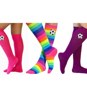 Girls Soccer Socks Rainbow Knee High Socks Soccer Hair Bow Black White Soccer Ball Team Player Sports Play Football Colorful Feet Socks