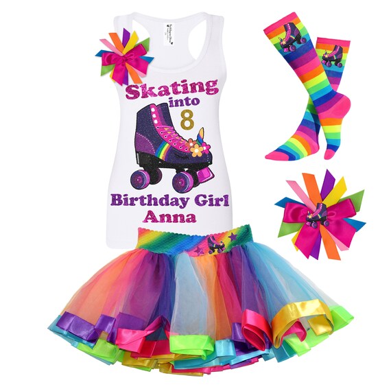 Roller Skate Party Girls Birthday Shirt Skating Outfit Unicorn Rainbow Tutu Personalized Gift Roller Derby Skates Kids | Bubblegum Divas 001 Il_570xn