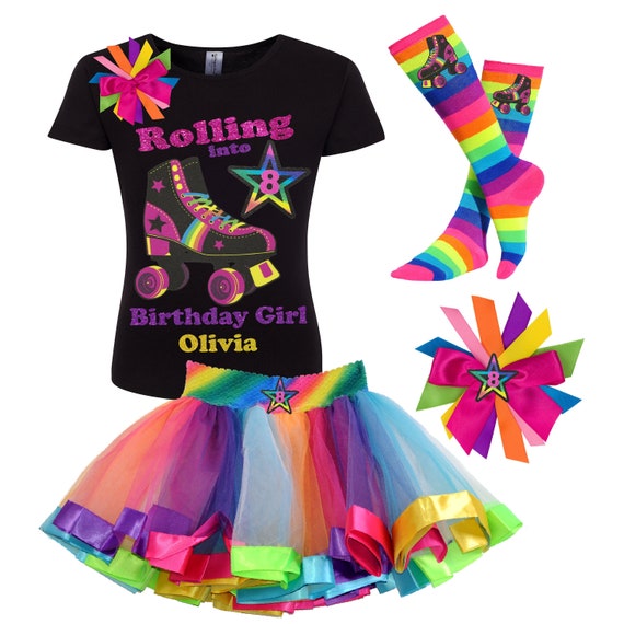 Roller Skate Party Shirt Girls Birthday Outfit Rainbow Tutu Skirt Star 8 Roller Derby Glow Roller Skating Rink Personalized Gift | Razzle Il_570xn