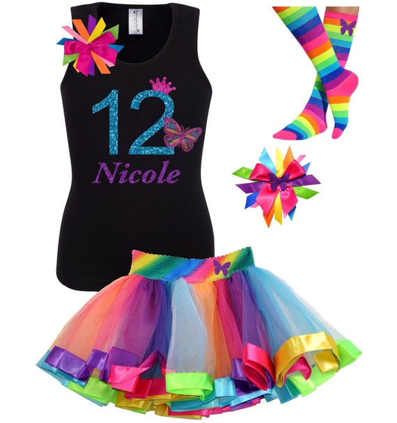 12th Birthday Girl Shirt Rainbow Tutu Outfit Butterfly Hair Bow Butterflies Wings Butterfly Sock 12 Personalized Name Tween Girl Party Il_570xn