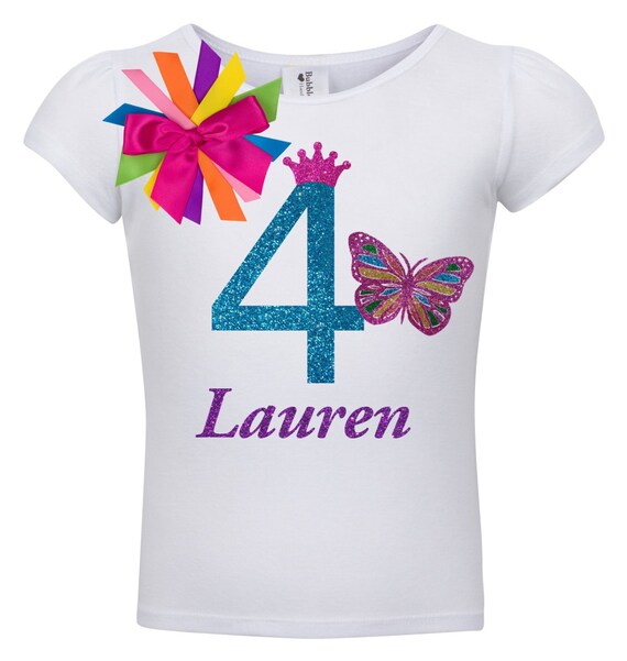 Rainbow Butterfly Shirt 4th Birthday Outfit Pink Butterfly Birthday Butterfly Hair Bow Princess Party Butterfly Wings Personalized Name 4 Il_570xn