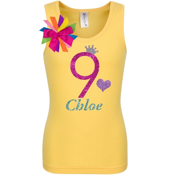 9th Birthday Shirt Princess Crown Tank Top T-shirt Sparkly Jade Glitter Nine Girl Party Shirts Girls Rock Shirt Personalized Name Age 9 Il_570xn
