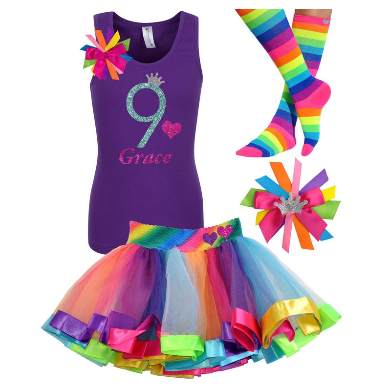 Rainbow Birthday Outfit 9th Birthday Shirt Girls Party Hair Bow Rainbow Tutu Neon Knee High Socks Personalized Name Age 9 Glitter Glow Party image 6