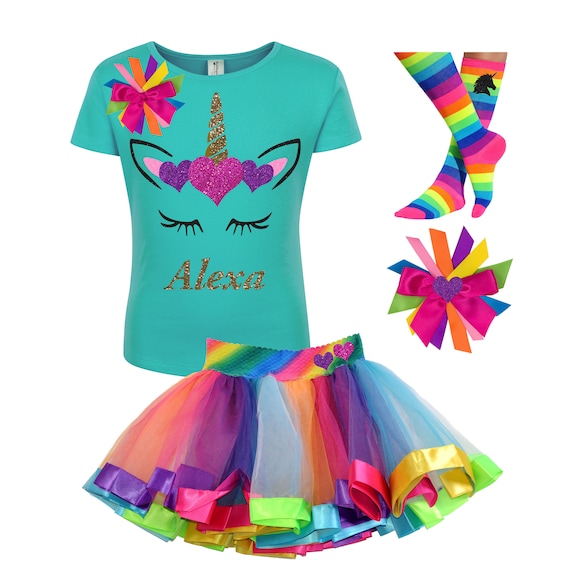 Unicorn Birthday Outfit Rainbow Tutu Gold Unicorn Horn Girls Unicorn Birthday Shirt Age Personalized | Bubblegum Divas Il_570xn