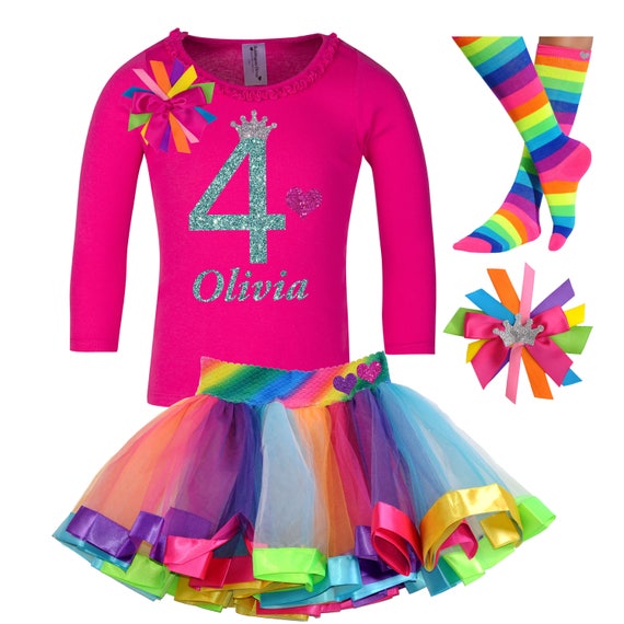 Girls 4th Birthday Shirt Rainbow Tutu Dress Birthday Long Sleeve Shirt Birthday Girl Shirt Rainbow Socks Birthday Hair Bow Custom Name Age 4 Il_570xn