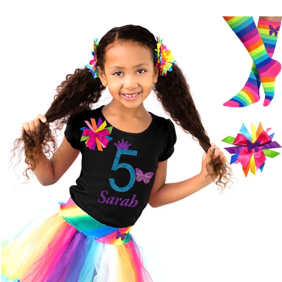 5th Birthday Shirt Rainbow Tutu Outfit Monarch Butterfly Hair Bow Butterfly Socks Personalized Name Diva Girl Party 5 Princess Crown Shirt Il_570xn