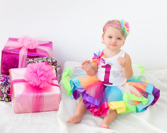 Baby's 1st Birthday First Birthday Rainbow Party 1st Birthday Outfit Rainbow Birthday Tutu Dress Glitter Number 1 Personalized Name Il_570xn