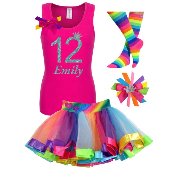 12th Birthday Girl Shirt Rainbow Socks Birthday Tutu Tween Hair Bow Personalized Age Name 12 T-Shirt Kids Party Outfit Il_570xn