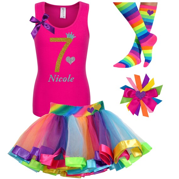 7th Birthday Gold Pink Shirt Rainbow Tutu Rainbow Party Birthday Hair Bow Princess Party Personalized Name Shirt Heart Tiara Crown Tank Top Il_570xn