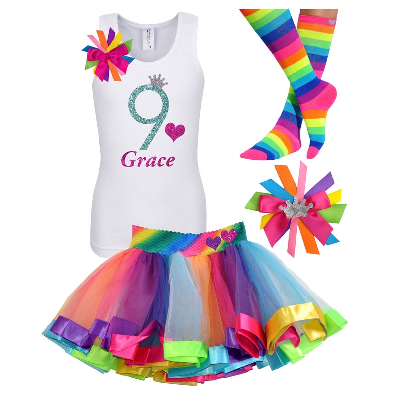 Rainbow Birthday Outfit 9th Birthday Shirt Girls Party Hair Bow Rainbow Tutu Neon Knee High Socks Personalized Name Age 9 Glitter Glow Party image 1