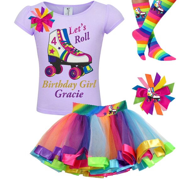 Roller Skates Shirt 4th Birthday Outfit Rainbow Tutu Skirt Glow Roller Derby Little Girls Skating Party Personalized Gift | Lucky Star Il_570xn