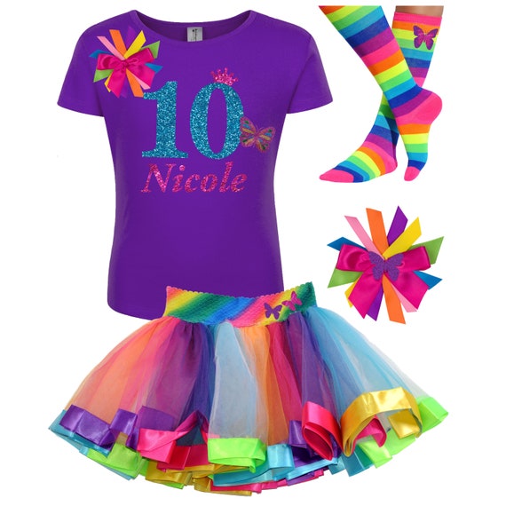 10th Birthday Shirt Rainbow Tutu Outfit Pink Monarch Butterfly Hair Bow Butterfly Socks Black Shirt 10 Personalized Name Tween Girl Party 10 Il_570xn