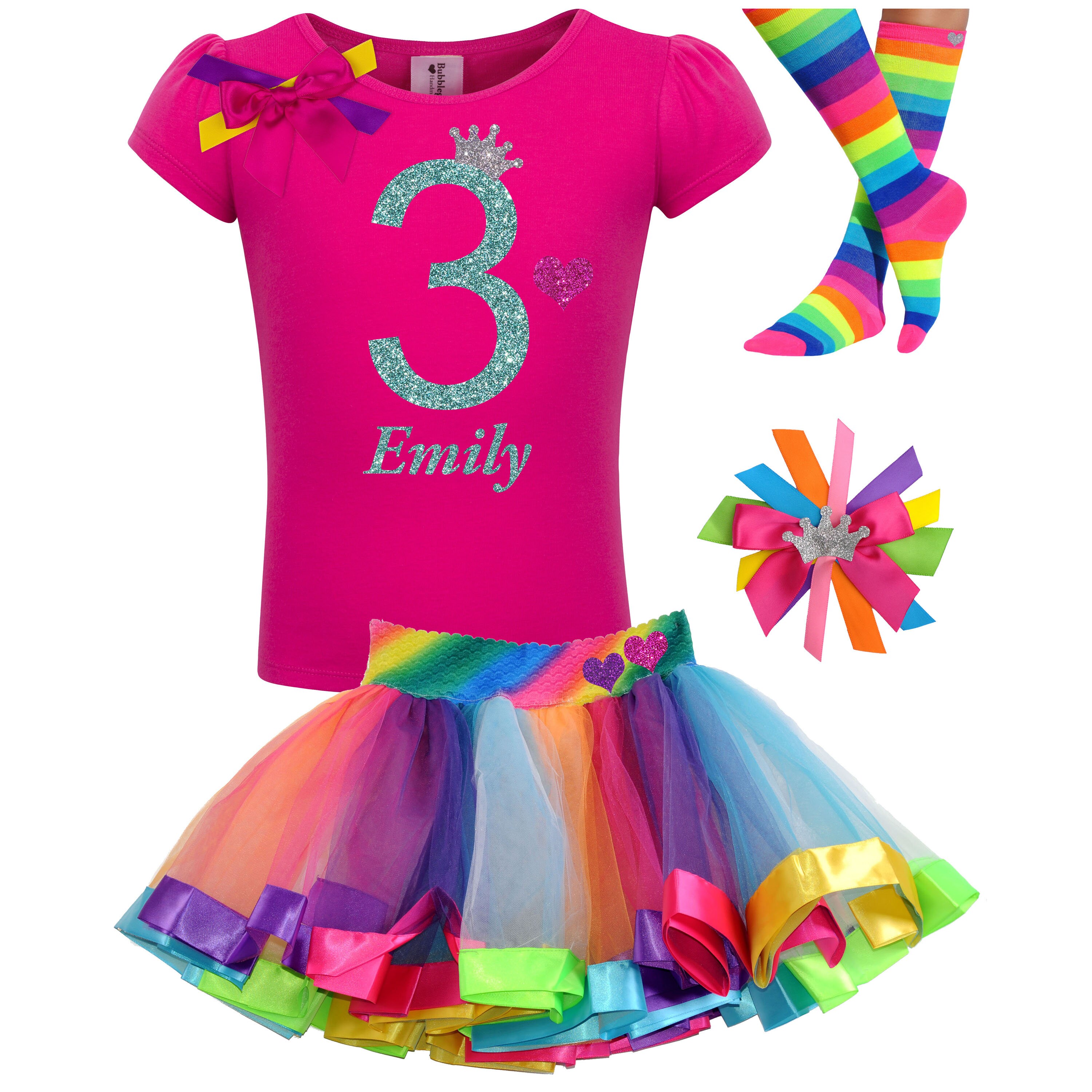 3 pieces Shirt Headband Bow Tutu Rainbow Birthday Outfit Girl Birthday Set 