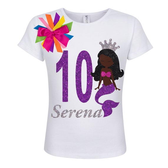 Mermaid 10th Birthday Girl Shirt Black Girl Mermaid Tail Silver Starfish Rainbow Tutu African American Princess Purple 10 Kids Beach Party Il_570xn
