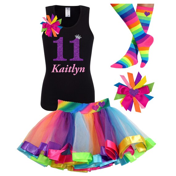 11th Birthday Shirt Tween Birthday Girl Princess Rhinestone Crown Rainbow Tutu Dress Hair Bow Socks Personalized Name Double Digits Shirt 11 Il_570xn