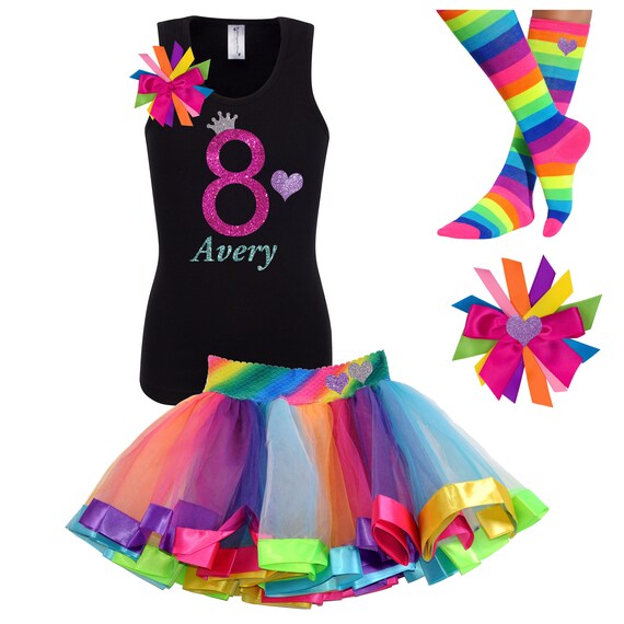 Girls 8th Birthday Outfit Rainbow Knee Socks Rainbow Hair Bow Birthday Heart Crown Girl Shirt 8 Glow Party Personalized Name Customized Tee Il_570xn