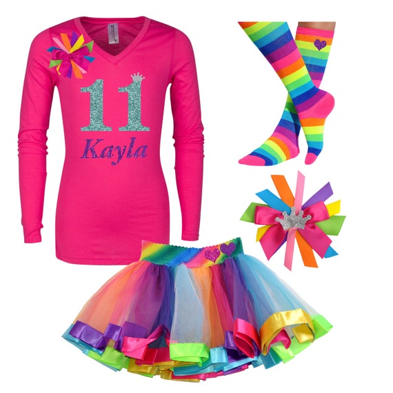 Tween Girl 11th Birthday Shirt 11 Rainbow Tutu Skirt Girls Birthday T-Shirt Personalized Name J11 | Bubblegum Divas Il_570xn
