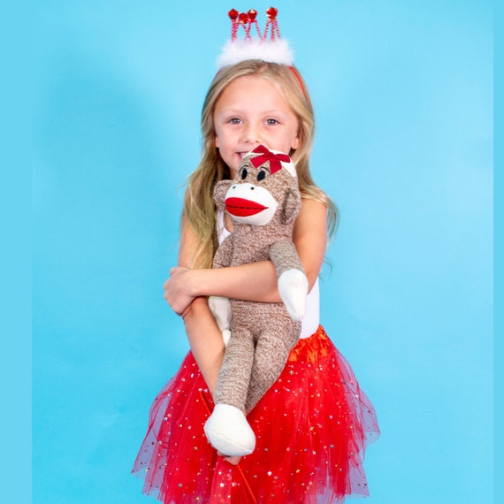 Sock Monkey Doll Soft Monkey Toy Red Hair Bow Brown Stuffed Animal Plush Monkey Snuggly Monkey 20" Zoo Animals Jungle Safari Valentines Gift Il_570xn