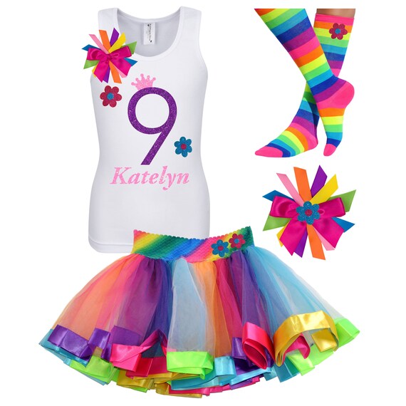 9th Birthday Outfit Daisy Flower Girl Shirt Nine Glitter Flowers Rainbow Party Tutu Dress Hair Bow Knee High Socks Personalized Name AGE 9 Il_570xn