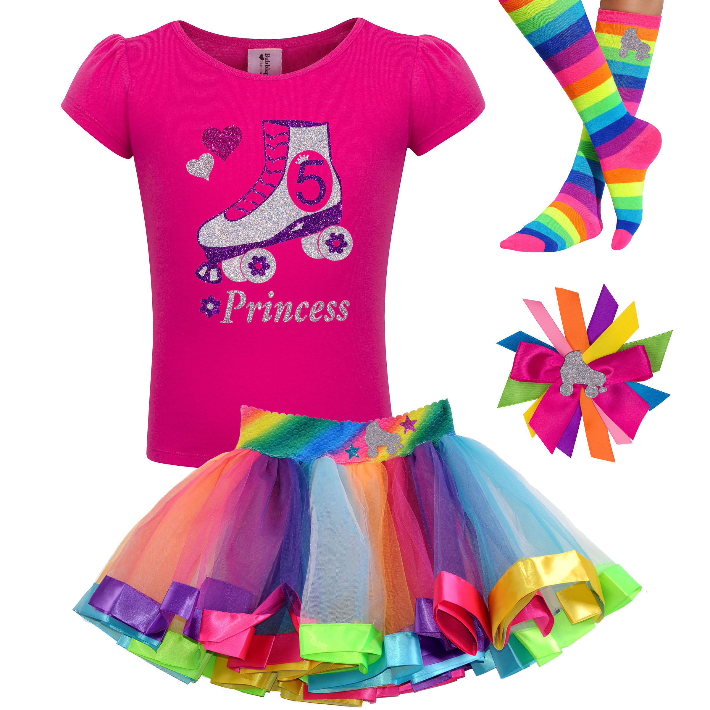 Roller Skate Birthday Shirt 5th Birthday Outfit Rainbow Tutu Dress Roller Derby Skating Party 5 year old Personalized Gift Silver Crush